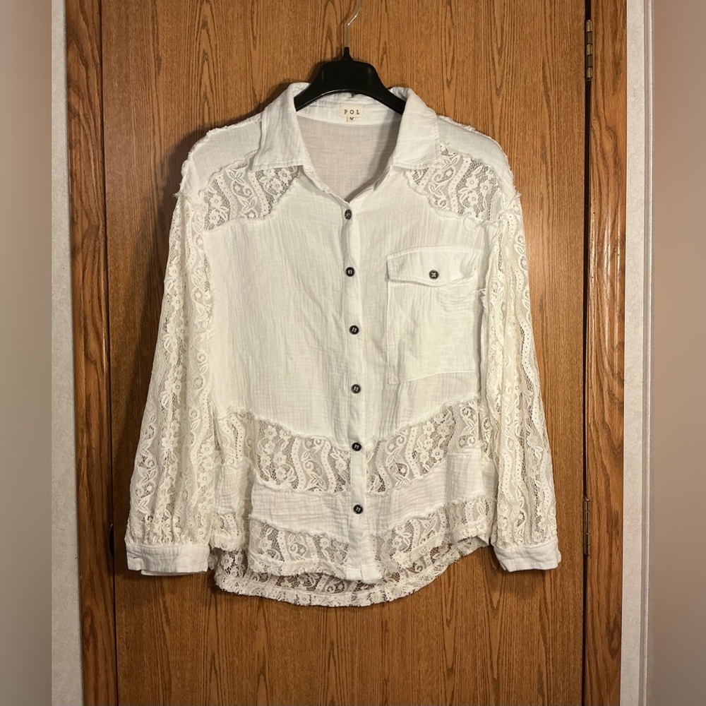 POL Cream Textured Blouse w/ Lace Detail - Picture 2 of 7